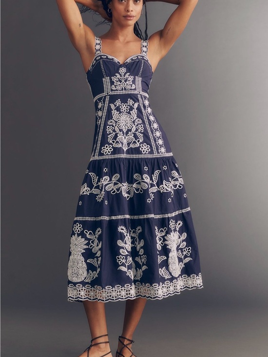 FARM Rio Dresses & Skirts - Anthropologie Farm Rio blue and white Embroidered Midi dress nwt small